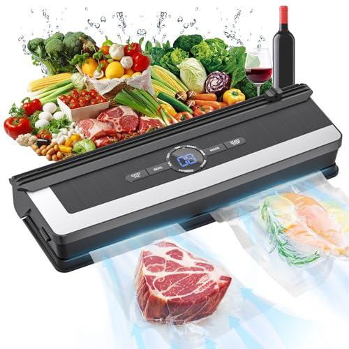 ENCHE 5-in-1 Vakuumiergerät mit Schneidefunktion, 85 kPa Vakuumiergerät mit Digitaltimer & LED-Display, inkl. 5 Vakuumbeuteln, für Fleisch, Fisch, Gemüse, Sous-Vide und Vorratshaltung