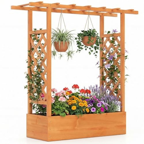 COSTWAY Jardinière avec 2 Treillis Latéraux Toit Suspendu en Bois d'Épicéa avec Trou de Drainage, Lit de Jardin Surélevé pour Plante Grimpante Fleurs Herbes, 110 x 35 x 114 cm (Orange)