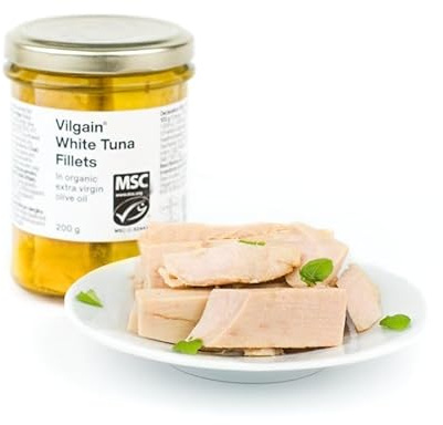 Vilgain Weiße Thunfischfilets (200 g) in Bio-Olivenöl Extra Nativ – Handverarbeiteter Weißer Thunfisch MSC Zertifiziert, Hoher Omega-3 Gehalt & Proteinreich, 130 g Abtropfgewicht, Gesunder Fisch-Snack