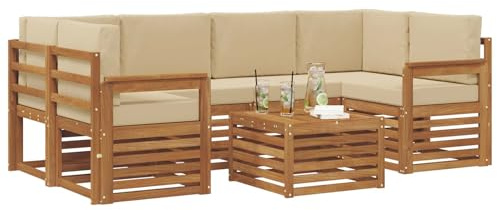 vidaXL Sofagarnituren 7 pcs Natur und Beige Massivholz Akazie, Garten-Sofa-Eckgarnitur, strapazierfähiges Lounge-Möbel, modernes Patio-Set für chilliges Terrassenleben