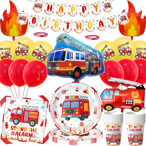 Feuerwehrauto Geburtstag Deko Set,80 Stück Feuerwehr Partygeschirr Set mit Große Feuerwehrauto Folienballon Partyzubehörset,Feuerwehrmann Pappteller Tassen Luftballon Servietten banner für 20 Gäste
