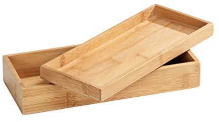 WENKO Bambus Box Terra mit Deckel, schmale Aufbewahrungsbox für Bürobedarf, Pinsel und Küchenzubehör aus Bambus mit 2 separierbaren Ablagemöglichkeiten für Bad & Haushalt, 24 x 6,8 x 10 cm, Natur