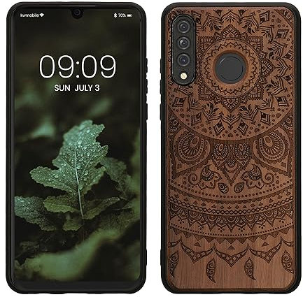kwmobile Hülle kompatibel mit Huawei P30 Lite Hülle - Holz Case - Handy Cover - TPU Handyhülle in Dunkelbraun Indische Sonne