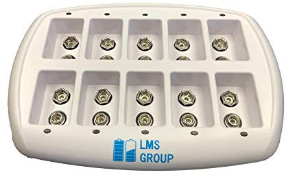 LMS 10-Bay 9V Smart Battery Charger Universal Maintenance Station for 10pcs. NiMH 9 Volt Rechargeable Batteries (Overcharge Protection, Trickle Charge When Full)