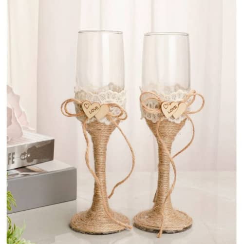 Elegantes Copas Rusticas Decorativas de Cristal y Yute para Brindis de Novios Love. Vajillas y Complementos. Decoración Hogar. Regalos y Detalles Originales para Bodas. DK
