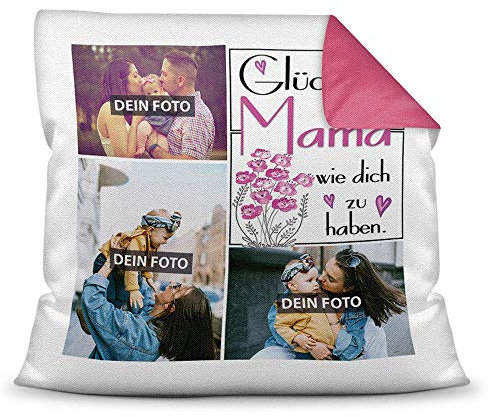 Print Royal Foto-Kissen inkl. Füllung zum Selbstgestalten - für Mama - mit eigener Collage und Spruch - Bestes Fotogeschenk/Geburtstagsgeschenk - Farbkissen Rückseite Pink