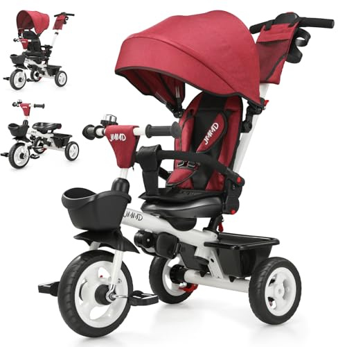 JMMD 7 in 1 Tricycle Stroller with Push Handle, Baby Trike with 360° Swivel Seat, Reclining Backrest, All-Terrain Wheels, Dual Brakes, Canopy & Storage, Gift for Kids 18 Months to 5 Years, Red