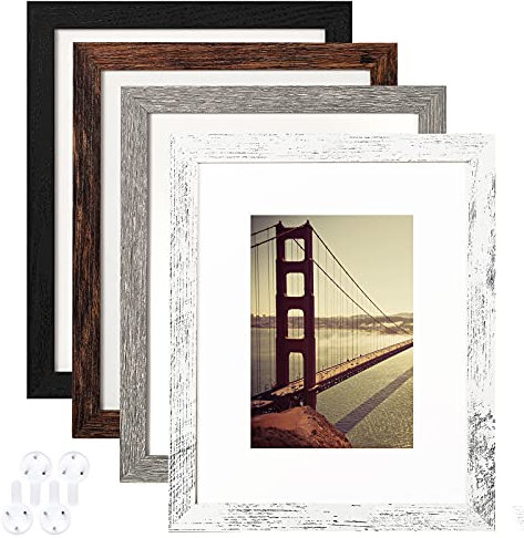 BAIJIALI Bilderrahmen, 20,3 x 25,4 cm, Landhaus-Holzmuster, 4er-Set mit gehärtetem Glas, Display-Bilder 5 7 Matte oder 8 10 ohne Matte, horizontale und vertikale Formate für Wand- Tischmontage