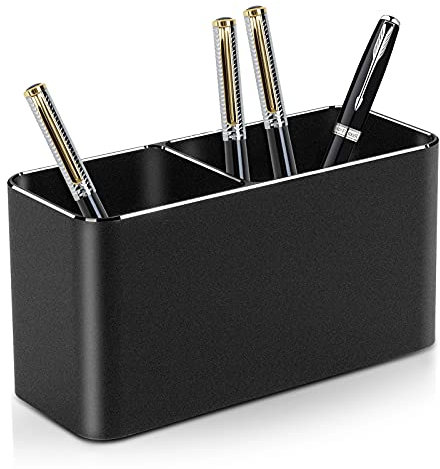 VAYDEER Porte-crayons carré à 2 trous en métal avec porte-stylo en aluminium, design moderne et base antidérapante - parfait pour bureau, école, maison et enfants. Noir.