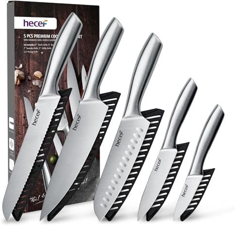 hecef Couteau Cuisine Professionnelle, Ensemble de Couteaux de Cuisine en Acier Inoxydable, Set de 5 Couteaux Tranchante avec 5 étuis à Couteaux