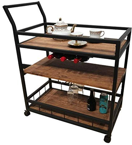 SGSG Carrito de Servicio con Ruedas Carrito de Servicio de Barra Hogar Rústico Cocina móvil Carrito de Servicio Carrito de Servicio de Metal de Madera de Estilo Vintage Industrial con Ganchos par