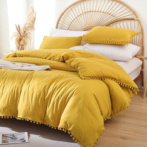 YIRDDEO Bettwäsche-Set, Twin-Size – Bettdecke mit Pompom-Fransen, weiches Bettwäsche-Set für alle Jahreszeiten, 2-teilig, 1 Bettdecke (167,6 x 228,6 cm) und 1 Kissenbezug (50,8 x 66 cm), Senfgelb