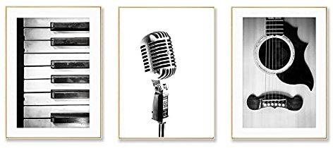 Musik Kunstdruck Poster Vintage Schwarz-Weiß-Fotografie Mikrofondruck Musik Poster Gitarre Wandkunst Klavier Dekorativer Druck-40x60cmx3 Kein Rahmen