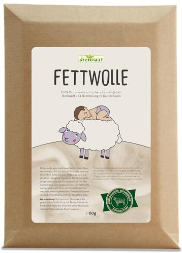 Fettwolle von dreikraut - Babypflege – mit extra viel Lanolin - kontrolliert biologische Tierhaltung, Schurwolle aus Deutschland, Wanderwolle, Rohwolle