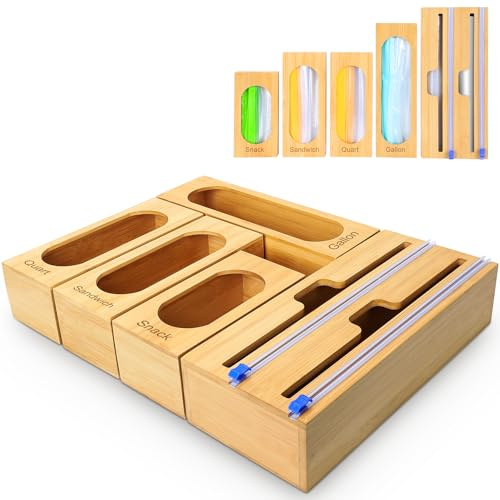 Öffnender Bambus-Druckverschlussbeutel, Aufbewahrungs-Organizer und Folien- und Kunststoffverpackungs-Organizer, Kunststoff-Spender mit Cutter und Druckverschlussbeutel, Organizer für Küchenschublade,