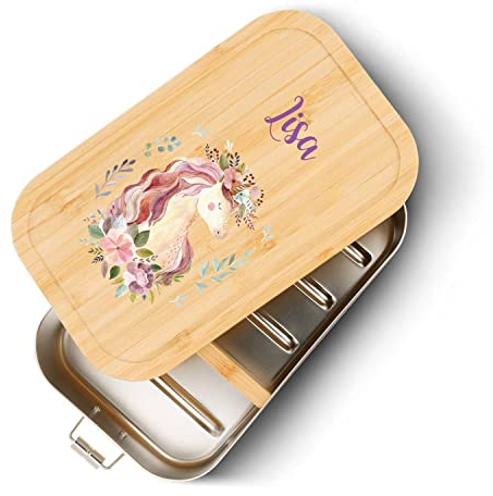 GRAVURZEILE Brotdose aus Edelstahl mit bedrucktem Bambusholzdeckel - Lunchbox mit Einhorn Motiv - Personalisiert mit Name - Geschenk für Kinder zum Schulanfang - Größe: Groß