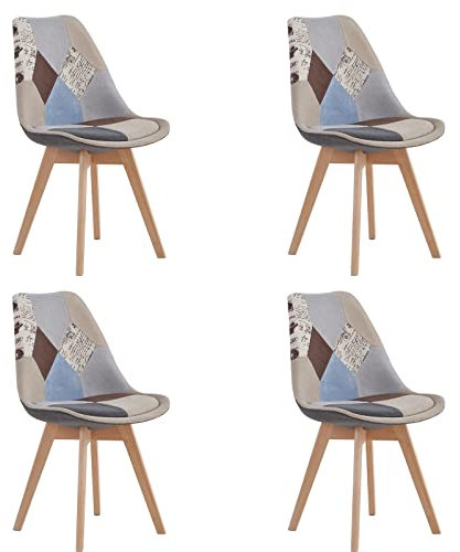 HJhomeheart Lot de 4 Chaises de Salle à Manger en Tissu Patchwork avec Coussin d'assise Amovible et Pieds en Bois Massif pour Salle à Manger, Salon, Cuisine, etc. (Patchwork Marron)
