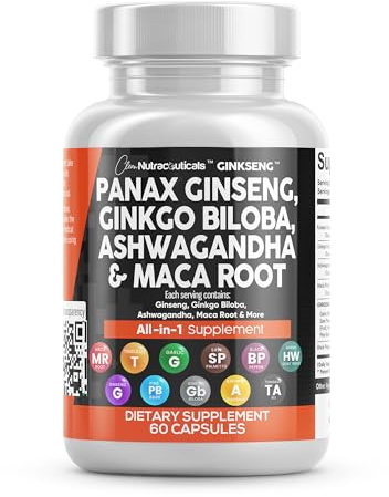 Clean Nutraceuticals Panax Ginseng Ginkgo Biloba Ashwagandha Maca Root - Focus Supplement Pills for Women and Men with Pine Bark Extract, Garlic, and Saw Palmetto - 60 Caps