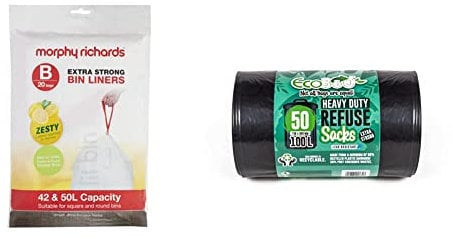 Morphy Richards 979003 Kitchen Bin Bag 42-50L Lemon Scented Heavy Duty Drawstring Waste Bin Liners, 20 Pack, White, Compatible with most 42-50L bins & Eco Bag 50 Heavy Duty Refuse Sacks, Black, 1x