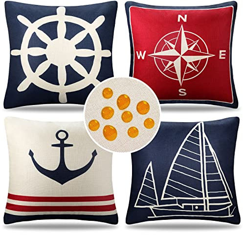 Kissenbezug Deko Sommer Segelboot Anker Kompass Ruder Kissenhülle Blaue Rot Dekokissen Sofakissen Bezug Auto Wohnzimmer Couchkissen Kissenbezüge Bed Büro Cafe Gartenmöbel Outdoor 45 x 45 cm 4er Set