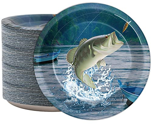 ZOIIWA 48 Pcs Fishing Party Tableware Supplies Summer Gone Fishing Birthday Party Plates Fishes Themed Paper Plates Fish Disposable Dessert Plate for Catch Fishes Tournament Birthday Decorations Favor