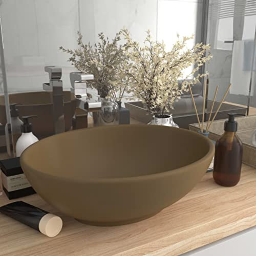 WIFESE Lavandino Lusso Ovale Crema Opaco 40x33x13,5 cm in Ceramica, Lavabo Da Appoggio per Bagno, Lavatoio