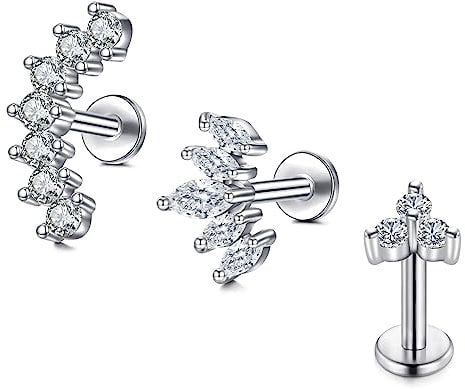 Briana Williams Tragus Earring Flat Back 16g Silver Diamond Lip Labret Bar 6mm Stud Helix Piercing Jewellery