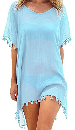 Edhomenn Women Chiffon Beachwear Tassel Bikini Cover Up Short Beach Dress Solid See-Through Swimsuit Summer Casual Swimwear (Light Blue, One Size)