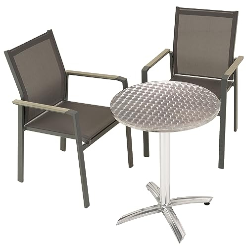 Nexos Trading 3er Set Bistro-Tisch rund klappbar 60cm Silber mit 2 Stapelstühlen Garten-Garnitur 2 Stapelstühle 1 Gartentisch Terrassen-Garnitur