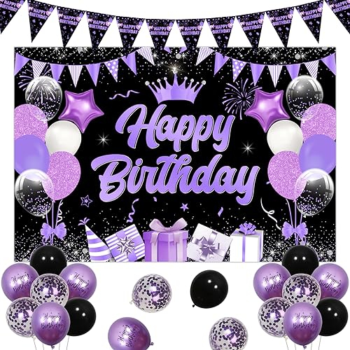 Lila und Schwarz Happy Birthday Dekorationen, Happy Birthday Hintergrund Banner und Luftballons, Lila Geburtstag Dreieck Flagge Wimpelkette für 13. 16. 21. 30. 60. Geburtstag Party Jubiläum Feier