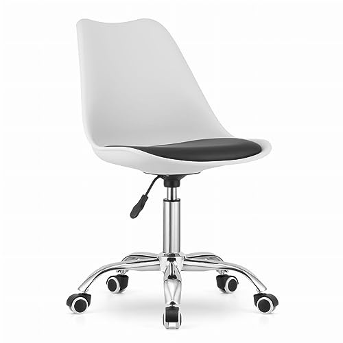 NMK HOME Schreibtischstuhl Kunstleder Ergonomisch Weiß & Schwarz | Kunstlederbezug, ergonomischer Sitz, Büro & Homeoffice, verchromter Sockel, rollen