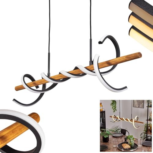 LED Pendelleuchte Alvarim, dimmbare Hängelampe aus Metall/Holz/Kunststoff in Schwarz/Natur/Weiß, Höhe max. 153 cm, Länge 80 cm, LED 38 Watt, 5200 Lumen, 3000 Kelvin, dimmbar über Lichtschalter