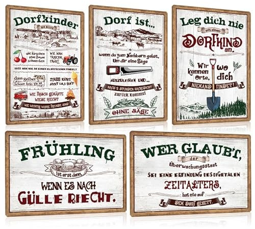 5er Set Retro Blechschilder Dorfleben mit Lustige Sprüche 20x30cm - Vintage Dorfkinder Metallschild Wanddeko - Schild Geschenke für Dorf Farmhouse(weiße)