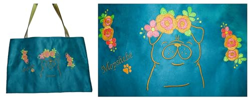 Handmade XXL Damen Beutel Tasche Shopper Umhängetasche Türkis veganes Wildkunstleder Mops Blumen Hund bestickt