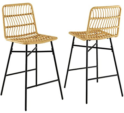 COSTWAY 2er Set Barhocker, Barstühle Rattan, Sitzhöhe 69 cm, mit Rückenlehne und Fußstütze, Metallrahmen, Tresenhocker für Esszimmer, Küche, Theke, Bar