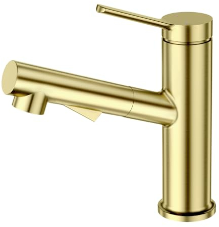 Faustina Waschtischarmatur Bad für Waschbecken ausziehbar, Einhebelmischer Waschtisch Armatur Wasserhahn Bad Waschbeckenarmatur Badarmatur, Edstahl Gold gebürstet matt