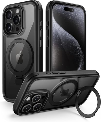 MobNano for iPhone 15 Pro Case with Stand, Compatible with MagSafe, Crystal Clear, Military-Grade Protection, Magnetic Ring Holder & Protective Bumpers, Outdoor Case Cover - Black