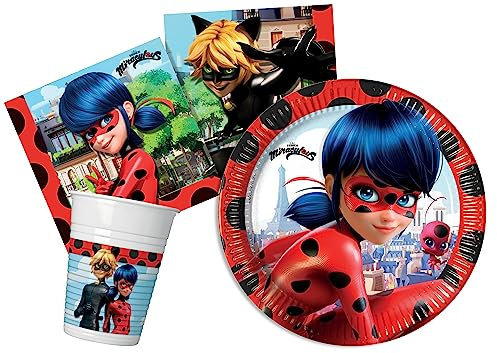 Ciao- Kit Vaisselle de Fête Miraculous Ladybug (Assiettes, gobelets, Serviettes), AZ063, Rouge, Noir, Pequeño a Mediano