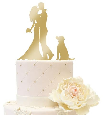 iEventStar Acryl Hochzeitstortenaufsatz für Braut und Bräutigam mit einem Hund Party Kuchen Dekoration (Paar mit 1 Hund, Spiegelgold)