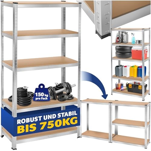 TecTake® Scaffalatura Metallo Garage, Scaffale Attrezzi da Lavoro, Scaffalatura Libreria in Lamiera d'Acciaio, Scaffali Modulabili, 150 kg di Carico per Piano - Capacità Portante 750