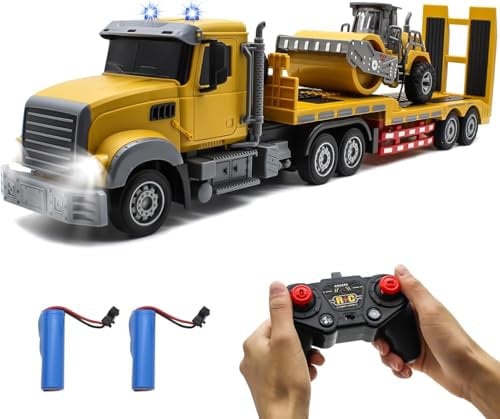 fisca 6 Kanal RC LKW Spielzeug, 1:24 Ferngesteuerter LKW mit Lichtern und Geräuschen, 2.4Ghz Ferngesteuerter Pritschenwagen mit Straßenwalze Spielzeug, Geschenke für Kinder ab 3 Jahren (Gelb)