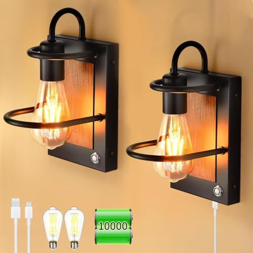 HOXIYA DIMMABLE Battery Operated Wall Sconce Set of Two, Industrial Rechargeable Wall Light, Faux-Wood Black Wireless Battery Powered Wall Lamp Indoor, Cordless Wall Decor for Bedroom, Bulb Included
