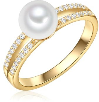Valero Pearls Damen Ring aus 925/- Sterling Silber gelbvergoldet mit Süßwasser-Zuchtperle weiß Rund 7,0-8,0 mm/Zirkonia