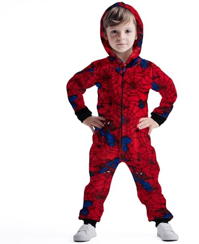 United Labels Marvel Spiderman Jumpsuit mit Kapuze für Jungen, Rot, Overall lang, Schlafanzug Einteiler für Kinder