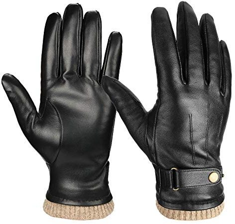 OZERO Mens Leather Gloves Winter Touchscreen Driving Gloves,Genuine Sheepskin,70% Wool Blend Lining,Lightweight 90-108g,For Commuting,Driving and Dress,Black