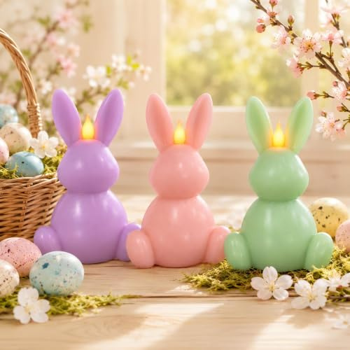 Leorate 3PCS Easter Bunny Flameless Candles, Real Wax with Remote and Timer