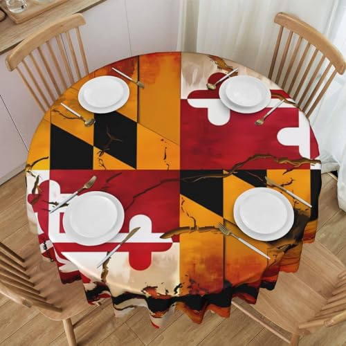 WBQLSL Tischdecke für Partys, Partys, Hochzeiten, leicht zu reinigen, Durchmesser 152,4 cm, Vintage-Holz-Tischdecke mit Maryland-Flagge, dekorativ, rund