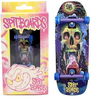 SPITBOARDS 34mm Fingerboard Oldschool Cruiser Pro Complete Setup, Pre-Assembled 5-Layer Wood, Pro Trucks, Soft Urethane 60D Bearing Wheels, Real-Wear Graphics, Lasered Foam Tape 'Skull Cosmos'