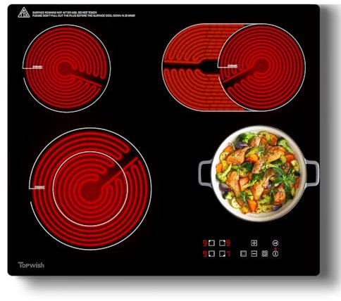 Topwish 4 platten Keramikkochfeld,Glaskeramikkochfeld, 4 Zonen Glaskeramikkochfeld,Kochfeld Autark 60cm, Doppelzone, Ovale Zone, Elektroherd mit Kindersicherung, Restwärmeanzeige, Timer, Verkabelt