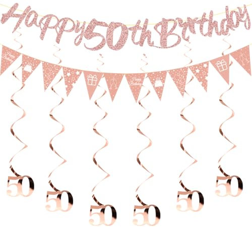 HUKUMA 50. Geburtstag Partydeko Set,Geburtstagsdeko 50 jahre,Sweet 50 Deko Luftschlangen Rosegold,Frau Girlande Spiralen, Happy Birthday Banner Deko zum 50 Geburtstag Frauen